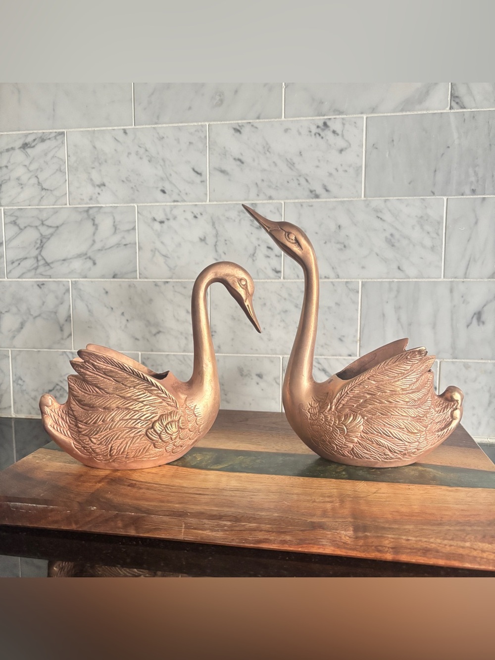 Vintage Pair of 7.75” Brass Swan Planters - As Is